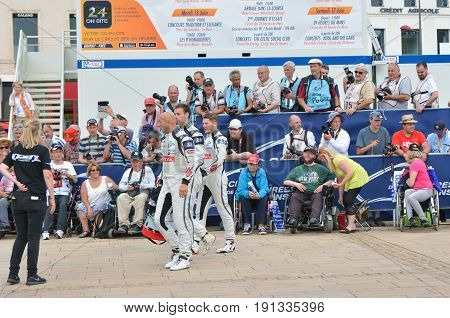 LE MANS FRANCE - JUNE 11 2017: Team of racers of Fabien Barthez - famous former french goalkeeper and racer. 11 june 2017- Weighing administrative and technical checks of the race cars