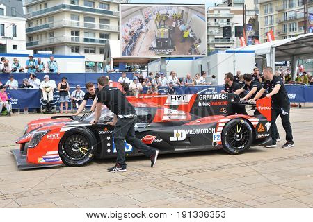 LE MANS FRANCE - JUNE 11 2017: Race car LIGIER JSP217 of Fabien Barthez former french goalkeeper and racer 11 june 2017- Weighing administrative and technical checks of the race cars before race