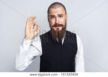 Agree. Handsome businessman with beard and handlebar mustache looking at camera with Ok sign. studio shot on gray background.