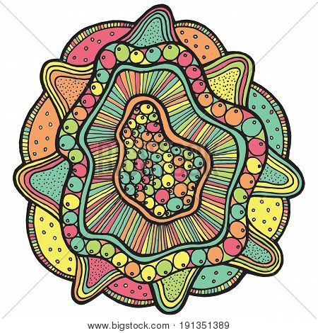Sea mandala flower with pearl in shell. Color version of ocean floral coloring page for adult coloring book. Abstract isolated vector art.
