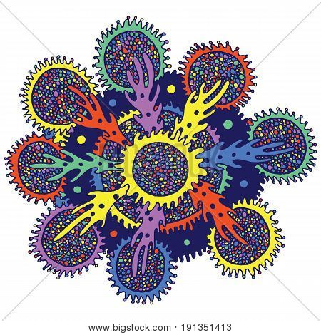 Sea mandala flower with coral and algae. Ocean floral coloring page for adult coloring book - colorful version. Abstract isolated vector art.