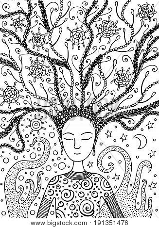 Shaman boho girl with succulent floral hair on sun and moon background. Vector hand drawn black and white coloring page for adult and kids coloring book with fairy tales.