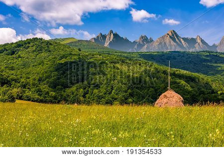 Stacks Of Hay On The Field In Mountains