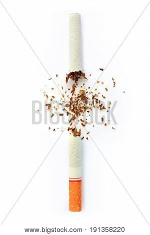 Broken cigarette isolated on white background World No Tobacco Day concept