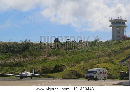 TRUE BLUE, GRENADA - JUNE 13, 2017: Air control tower at Maurice Bishop International Airport in Grenada