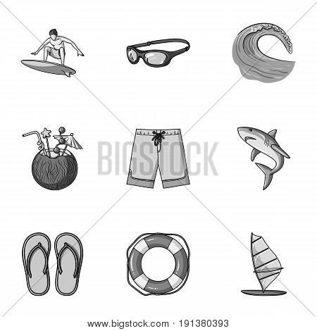A collection of pictures on the theme of the beach, the sea, surfing. Rescuers of the beach.Surfing icon in set collection on monochrome style vector symbol stock web illustration.