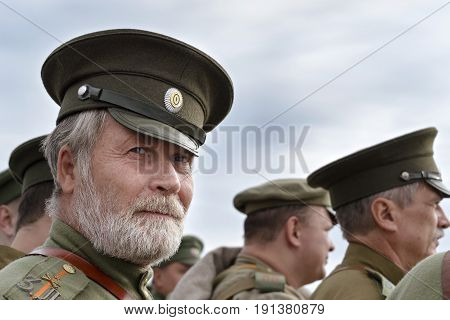 Brusilovsky breakthrough, the historic festival the First world war, Moscow, 2 Oct 2016. Portrait of a soldier of the Russian army.