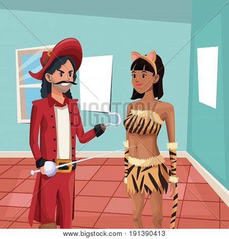 house interior background with half body pirate man and tigress woman costume vector illustration