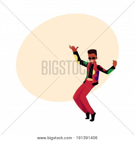 Black, African American man, guy in 1980s style clothes dancing disco, cartoon vector illustration with space for text. Black man in 80s style clothing dancing at retro disco party