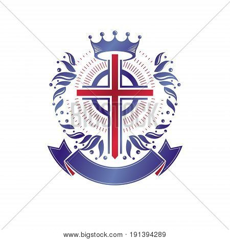 Cross of Christianity graphic emblem. Heraldic vector design element. Retro style label heraldry logo religious insignia decorated with luxury ribbon and monarch crown.