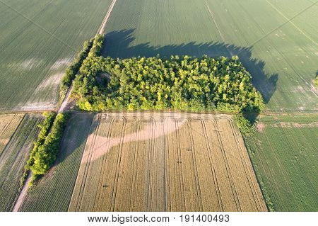Aerial view of plains with parcels of different crops in early summer