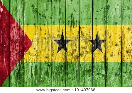 Flag of Sao Tome and Principe painted on wooden frame