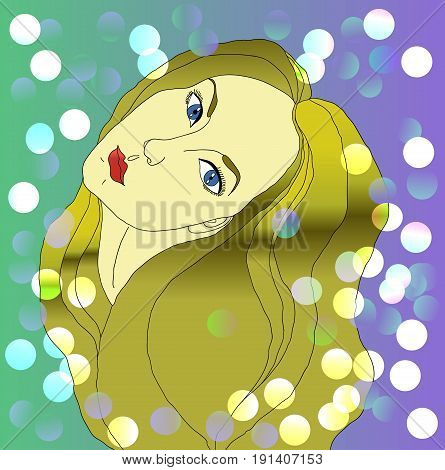 Cute girl illustration on party background with lights. Colored lady with brown long hair.