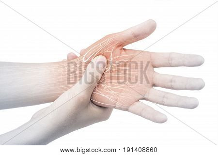 hand muscle pain white background finger injury