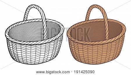 Empty wicker basket. Stylized handdrawn vector illustration outline and colored version. Isolated on white