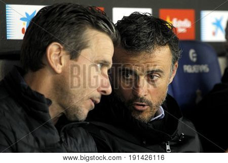 BARCELONA, SPAIN - APRIL, 29: Luis Enrique Martinez(R) manager of FC Barcelona  during a Spanish League match against RCD Espanyol at the RCDE Stadium on April 29 2017, in Barcelona Spain