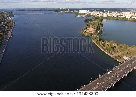 Photo Of The Bridge With The City And The River From The Height Of The Bird's Whip