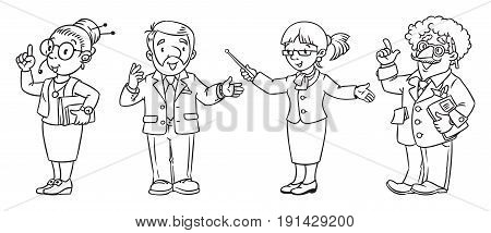 Coloring picture or coloring book set of funny teacher with the pointer, interpreter with headset, univercity lector and professor. Profession series. Children vector illustration.