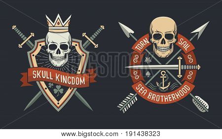 Skulls on shield logo of skull kingdom and sail brotherhood with arrows and swords crossed. Vector illustration.