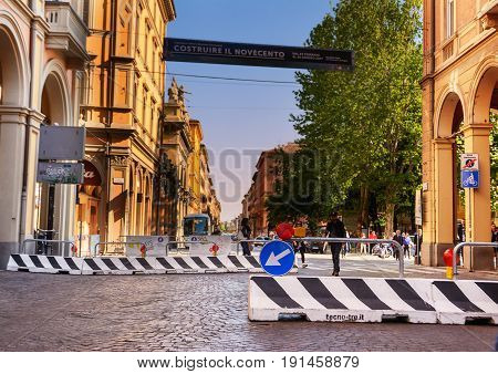 Bologna Italy - April 22 2017: Counterterrorism barriers on Bologna's main street on a regular day