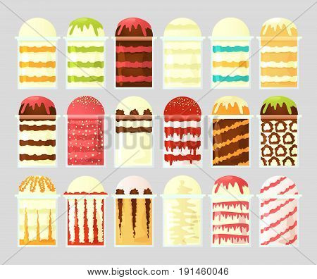 A set of ice cream in transparent cups with different fillings. Street food. Vector illustration.