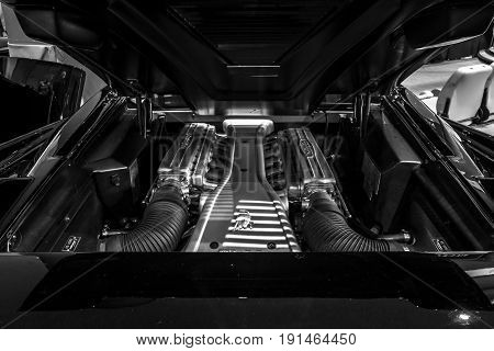 STUTTGART GERMANY - MARCH 02 2017: Engine compartment Lamborghini Diablo SV 1999. Black and white. Europe's greatest classic car exhibition 