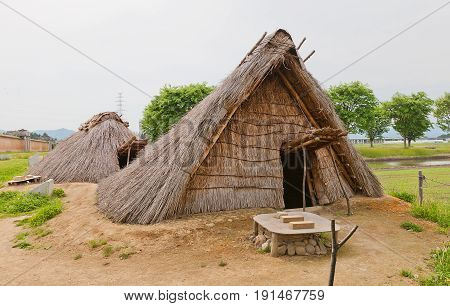 MORIOKA JAPAN - MAY 22 2017: Reconstructed residential barracks (9th c.) of Shiwa Castle in Morioka Japan. Castle was erected in 803 against local emishi tribes and abandoned in 811