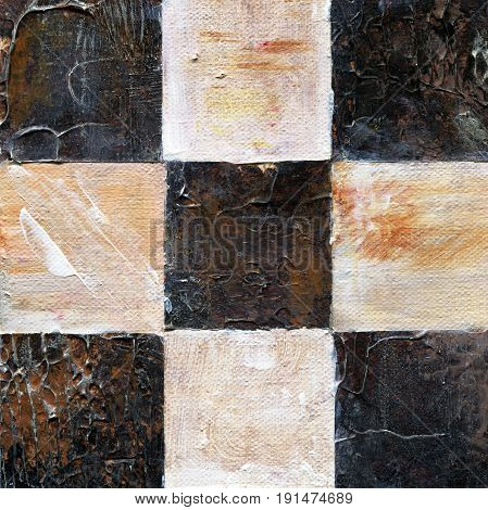 Abstract checkered pattern painted with acrylic or oil paints on canvas in brown and beige colors. Chessboard with a vintage texture for playing chess. Old surface from square fields for background