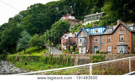 Lynmouth UK - July 27 2016: Glenville House on bank of East Lyn River Lynmouth Devon UK