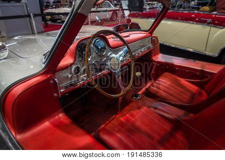 STUTTGART GERMANY - MARCH 02 2017: Cabin of the Mercedes-Benz 300 SL (W198). Europe's greatest classic car exhibition 