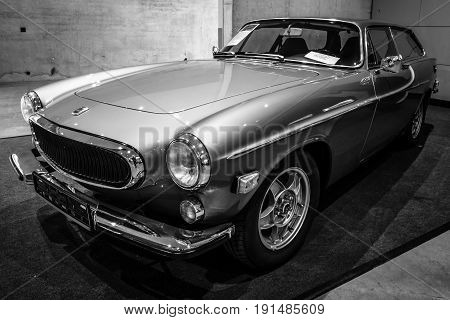 STUTTGART GERMANY - MARCH 02 2017: Sports car Volvo P1800 ES (Shooting-brake) 1972. Black and white. Europe's greatest classic car exhibition "RETRO CLASSICS"