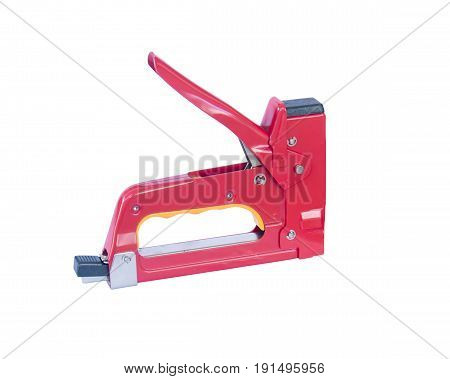 red metal stapler. Isolated on white background.