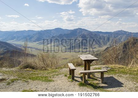picnic on the mountain with table and benches