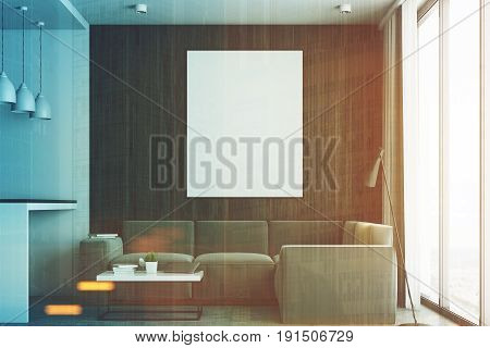 Living room in a studio apartment with wooden and white walls a wooden floor and a kitchen corner. Bar table with stools. Vertical poster. Close up. 3d rendering mock up toned image
