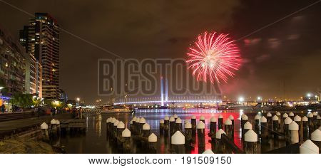 Fireworks display on Victoria Harbour Docklands Melbourne.