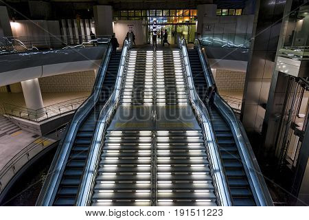Kanazawa, Japan - April 24, 2014: Escalator in the main exit at Kanazawa station. Kanazawa Station is a major railway station operated by West Japan Railway Company (JR West)