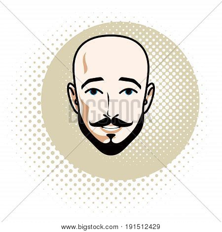 Caucasian man face features expressing confidence vector human head illustration. Attractive bearded bald male with whiskers.