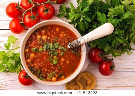 Soup Harira With Figs. Ramadan Food. Traditional Jewish Cuisine
