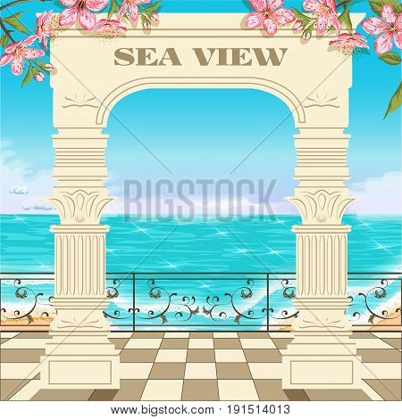 Vector background with an ocean and an arch covered with flowers.Access to the sea through the archway.Sea view between roman columns.