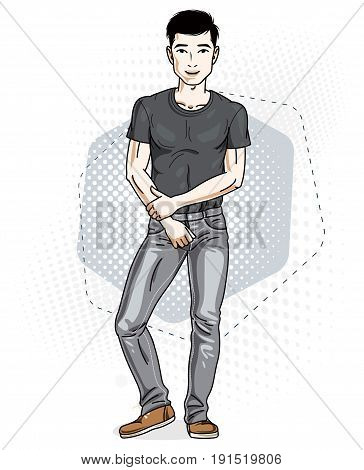 Confident handsome brunet young man standing. Vector illustration of male wearing casual clothes jeans pants and T-hirt.