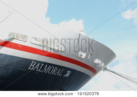 Amsterdam The Netherlands - April 27th 2017: Balmoral Fred Olsen Cruise Lines detail of bow