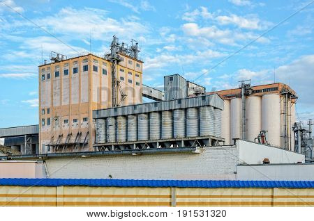 Plant for the production of baked goods. Elements of the facade of the production building. Factory background