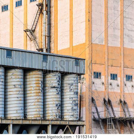 Plant for the production of baked goods. Elements of the facade of the production building. Factory background