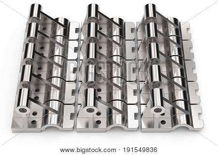 Shiny metal parts made of steel on a white background. Studio lighting. Polished stainless steel. Cast part with holes. Black and white reflections. Laid out in neat rows. 3D illustration.