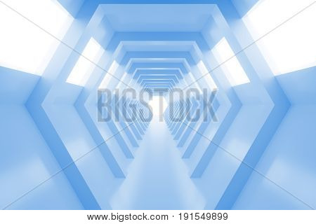 Abstract empty shining tunnel with light in the end. 3D Render. Tunnel with light at the end. Shiny glossy surface. Abstract background. Landscape aspect ratio. 3D illustration.