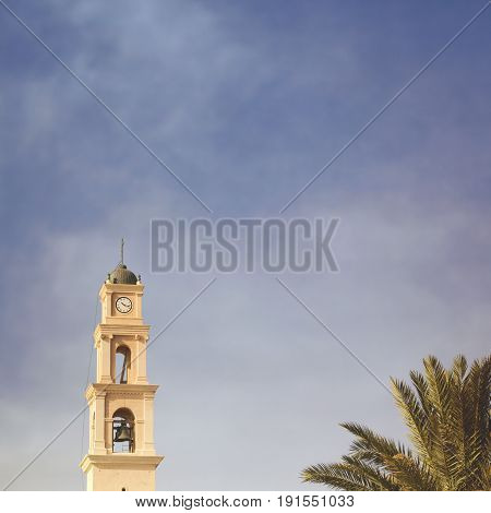 Old church in Jaffo over sky background with copy space