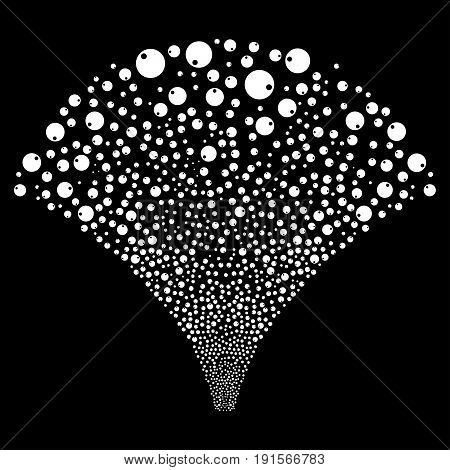 Source stream of sphere icons. Vector illustration style is flat white iconic symbols on a black background. Object salute done from scattered symbols.
