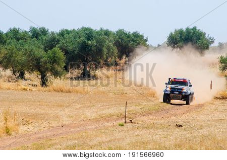 EXTREMADURA SPAIN - JUN 17: Driver and codriver Participing in TT Spanish Rally Championship. Badajoz Dehesa de Extremadura.