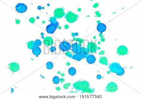 Abstract two-color blue green ink splash. Ink blots. Elements of design. The water-soluble ink on white paper Leste. Abstract art
