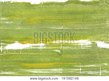 Hand-drawn abstract watercolor background. Used colors: Moss green Middle Green Yellow White Old moss green Citron Android green Brass Medium spring bud Dark khaki